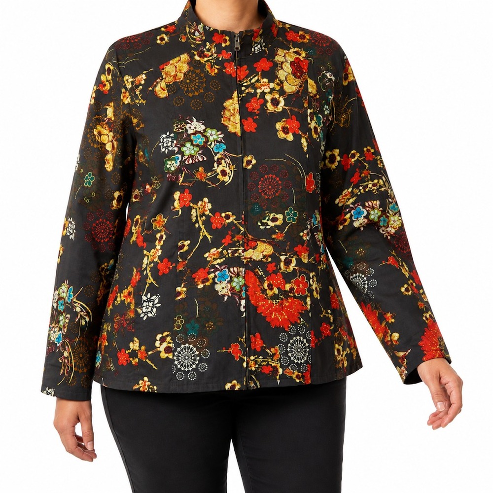 Chico's Jacket Women Size 3 US XL Multicolor Floral Full Zip Pockets Casual
